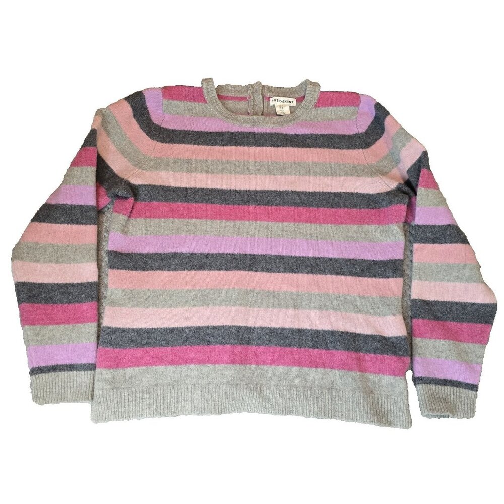 Artisan NY XL/TG Merino Wool Striped Sweater Pink Purple Gray Crew Neck Soft